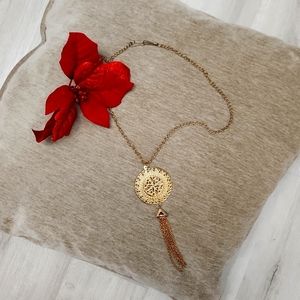 Vintage Medallion Tassel Necklace Gold Tone